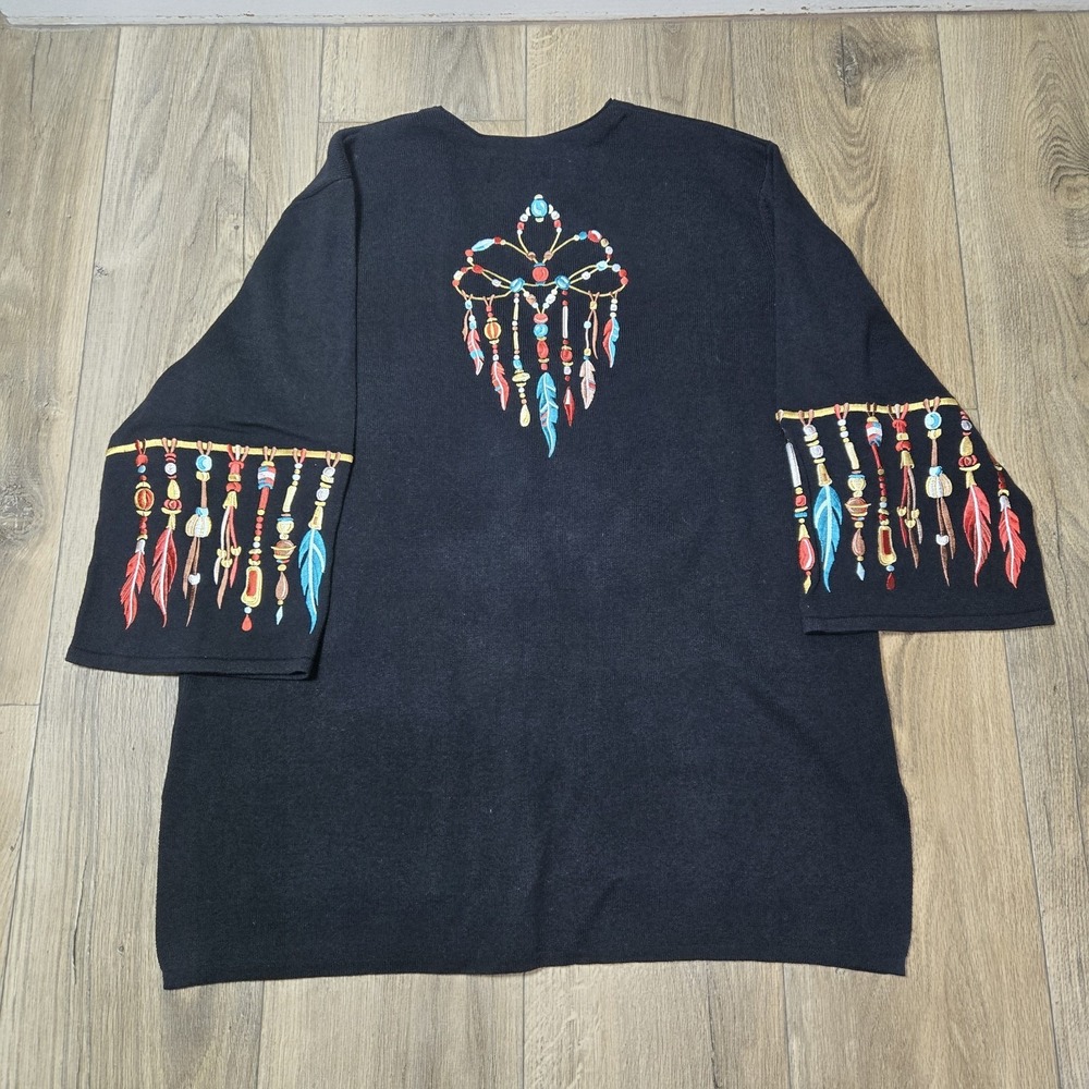 Bob Mackie Wearable‎ Art Sweater Womens 1X Black Button Dream Catcher Feather
